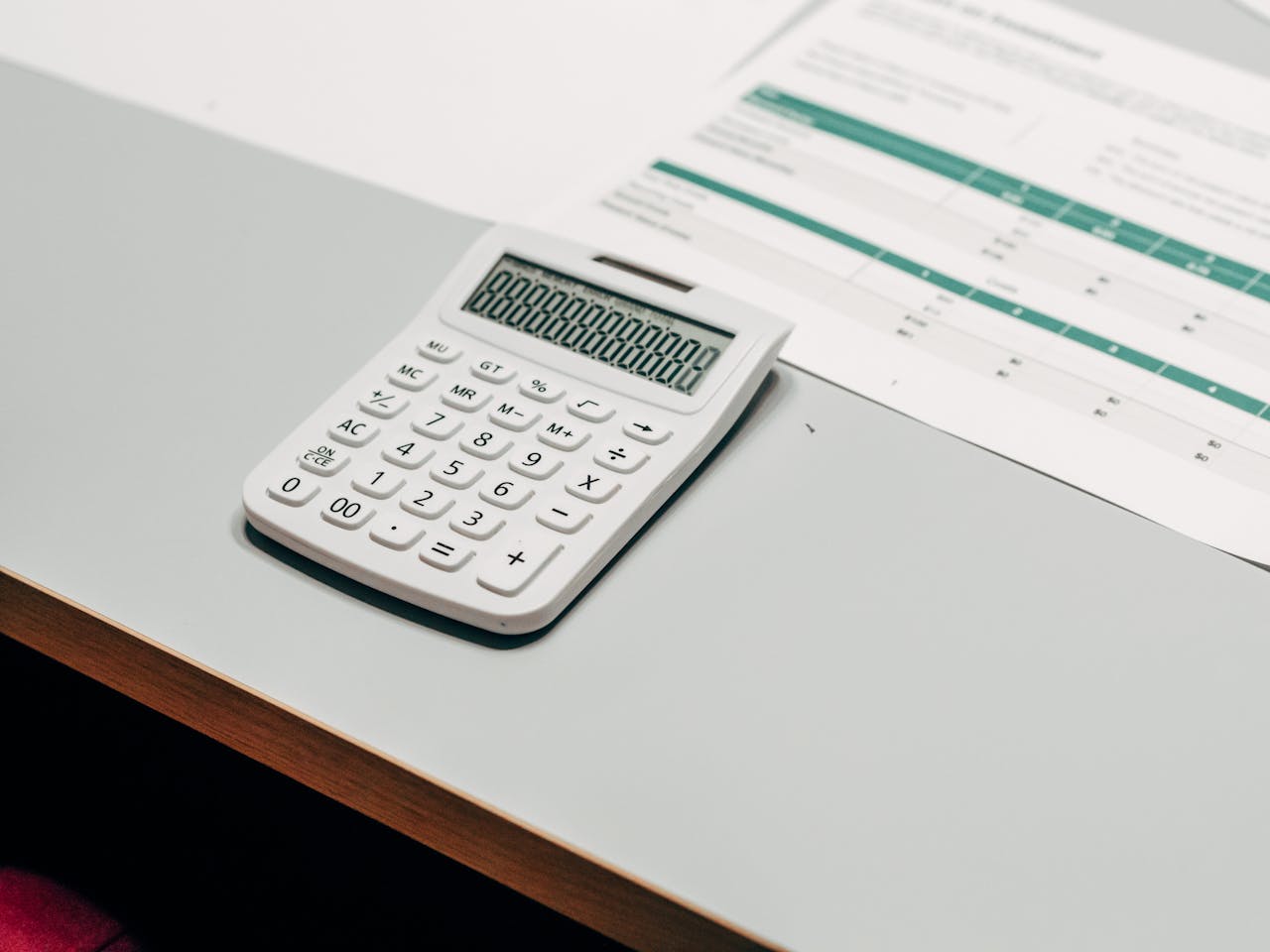 Close-up of a white calculator next to a financial spreadsheet on a desk.